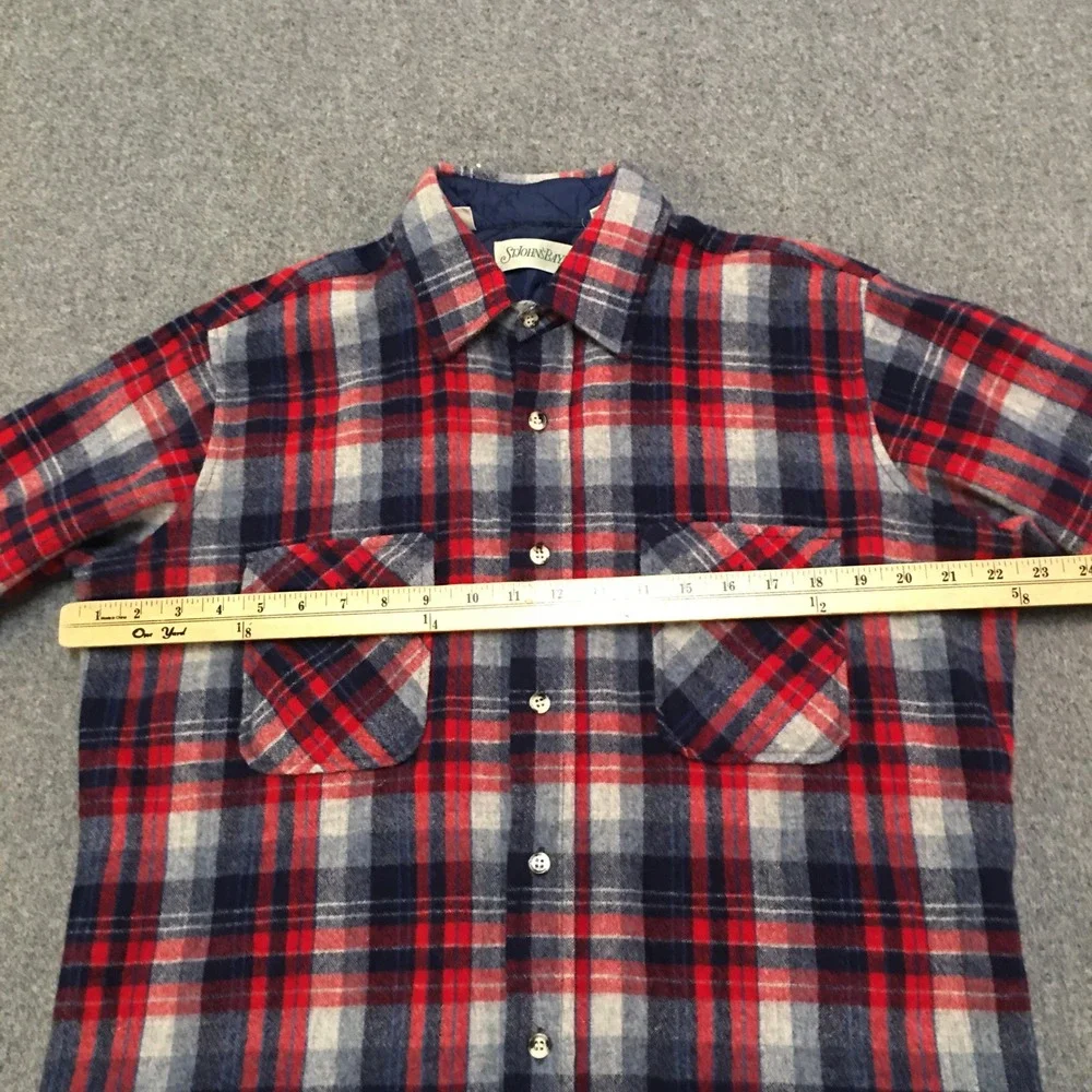 St John's Bay 100% Wool Shirt Mens Large Tall Red Blue Plaid Vintage Long Sleeve - Picture 9 of 12